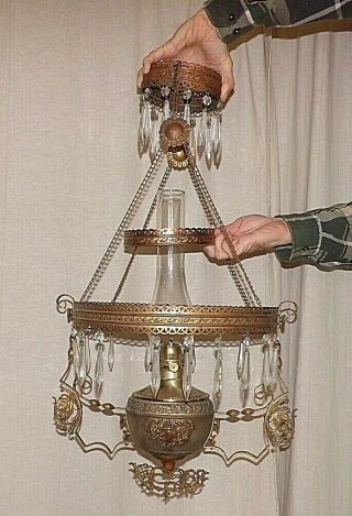 Antique Victorian Vintage Hanging Oil Lamp With Clear Crystal Prisms - No Shade