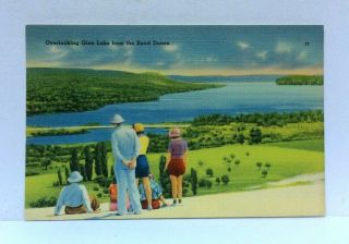 Michigan Overlooking Glen Lake From Sand Dunes Linen Vintage Postcard