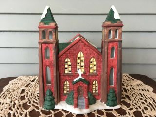 Noma 1993 Porcelain Christmas Village Snow Covered Red Brick Church Lighted