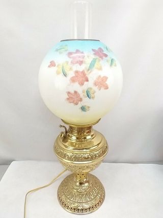 Antique Juno No 2 Brass Oil Lamp Hand Painted Ball Globe Shade Electrified