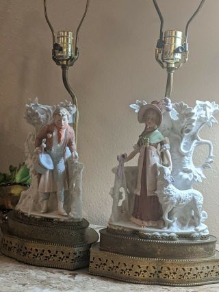 Vintage Porcelain Dresden Table Lamps With Brass Base Germany