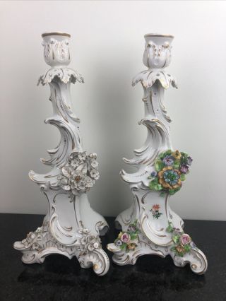 Antique German Sitzendorf Signed Candle - Holders Flower Porcelain Figurines
