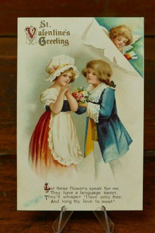 Vintage Clapsaddle Valentine Boy Gives Flowers To Girl 4657 Embossed 1912