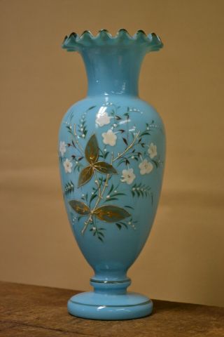 Antique Vintage Bristol Blue Glass Victorian Flower Vase Hand Painted Enameled
