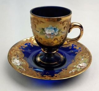 Venetian Glass Demitasse Cup Saucer Cobalt Blue W/ Gold Overlay Flowers C.  1950s