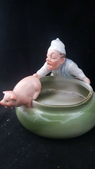 VERY RARE VICTORIAN GERMAN PIG FAIRING with BUTCHER CHASING A PIG Ashtray / Bowl 3