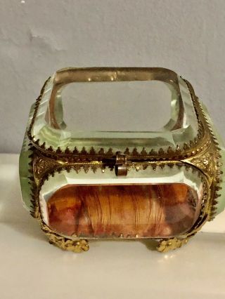 French Antique Ormolu Jewelry Trinket Vanity Box Casket Beveled Glass