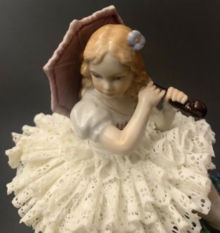 Antique Sitzendorf Dresden Porcelain Lace Girl With Umbrella Figurine