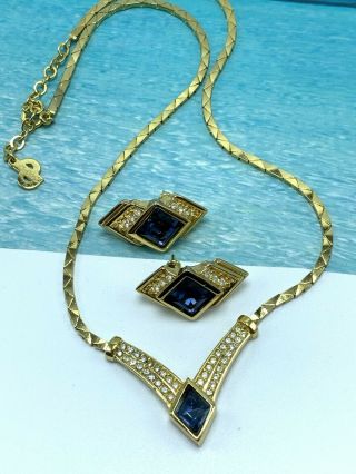 Vintage Designer Signed Christian Dior Rhinestone Gold Tone Necklace And Earring