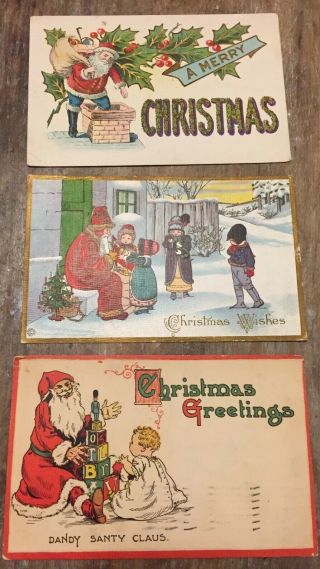 3 Vintage Santa Claus Old World Postcards Children Toys Chimney Baby Christmas