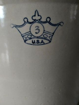 Vintage USA Robinson Ransbottom 3 Gallon BLUE CROWN Crock Stoneware 3
