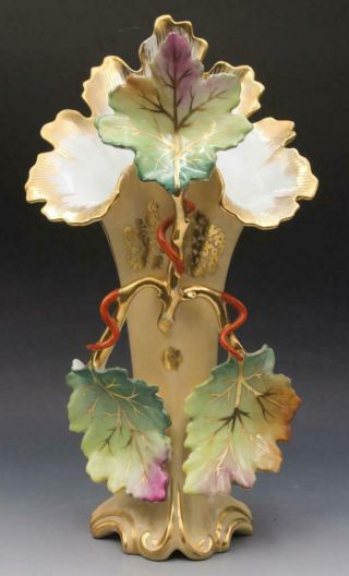 19c French Old Paris Porcelain Flared Mantle Vase Green & Gold Encrusted 15.  75 "