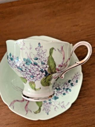 Paragon Tea Cup And Saucer Painted Lilac Floral Pink Ribbon Teacup Pastel Green