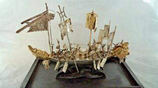 VINTAGE NOVELTY CHINESE REPUBLIC SILVER MINIATURE DRAGON BOAT / SHIP 2