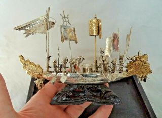 VINTAGE NOVELTY CHINESE REPUBLIC SILVER MINIATURE DRAGON BOAT / SHIP 3