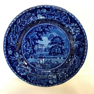 Early 19th Century Dark Blue Stafforshire R Halls Plate Picturesque Scenery