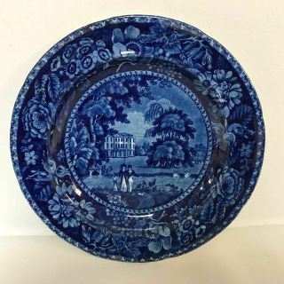Early 19th Century Dark Blue Stafforshire R Halls Plate Picturesque Scenery 2