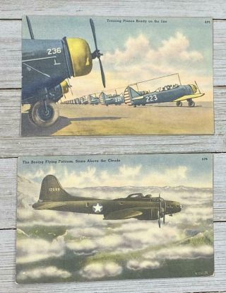 2 Vintage Linen Boeing Flying Fortress Training Army Airplane Series Post Cards