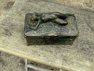 Antique Cold Cast Bronze Art Nouveau Lidded Box Weighs 3 " 1/2 " Pounds.