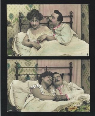 2 X Sexy Woman On Bed Dared Romance.  Set Of 2 Old Real Photo Postcards France