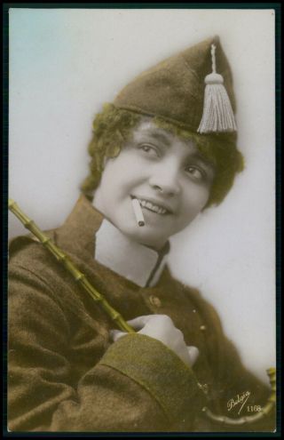 Soldier Woman Smoking Cigarette Propaganda Wwi Ww1 War Old C1915 Photo Postcard