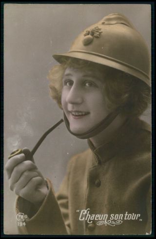 Soldier Woman Smoking Pipe Propaganda Wwi Ww1 War C1915 Photo Postcard
