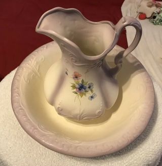 Large Vintage 1890 England Pitcher & Wash Bowl Basin White With Floral Accent