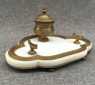 Small Antique French Empire Style Inkwell 19th Century Made Of Bronze And Marble