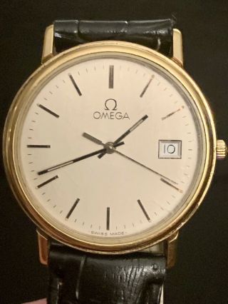 Vintage Mens Omega Watch Swiss White Dial Black Leather Band