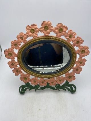 Vintage 1940’s Oval Ornate Metal Floral Beveled Vanity Mirror Pink Green