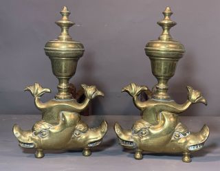 Pair (2) Antique Nautical Figural Angry Fish Statue Brass Old Fireplace Andirons