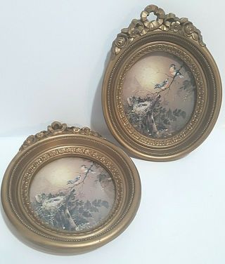Homco Pair Oval Gold Finish Ornate Framed With Print Of Birds Nest Vintage