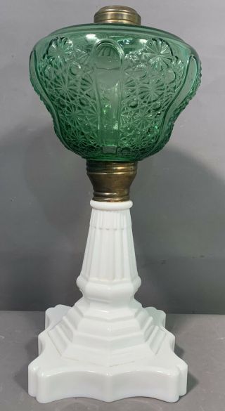 Lg Antique 19thc Victorian Eapg Style Green & Opalescent Glass Oil Parlor Lamp