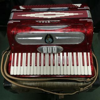 Vintage Universal Red Mother Of Pearl Design Accordion Made In Italy W/ Case