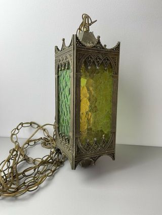 Vintage Gothic Antique Brass Swag Hanging Lamp Light Fixture Stained Glass