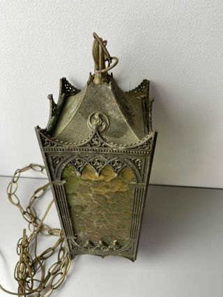 Vintage Gothic Antique Brass Swag Hanging Lamp Light Fixture Stained Glass 3