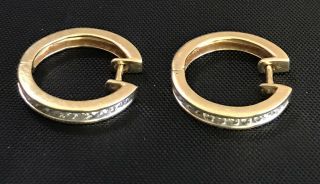Vintage 14k Yellow Gold Huggie 12 Diamonds Hoop Earrings