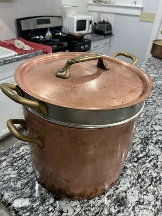 Vintage 8.  75” Hammered Copper Steamer Stock Pot - Made In France - Lid 7 Quart