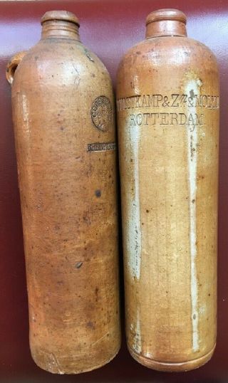 2 Antique 19th Century German Salt Glazed Stoneware Jugs W/ Stamped Markings