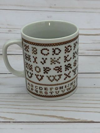Vtg Coffee Cup Mug Country Decor Brown Embroidery Cross Stitch Sampler Japan