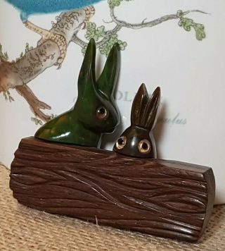 Vintage Bakelite And Wood Carved Bunny Rabbits Pin Simichrome Antique