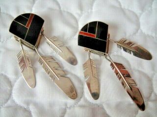 Ray Tracey Knifewing Navajo Sterling Onyx & Coral Inlay 3 Feather Earrings Vtg