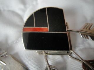 RAY TRACEY KNIFEWING NAVAJO STERLING ONYX & CORAL INLAY 3 FEATHER EARRINGS VTG 6