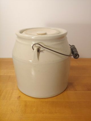 Antique Cream Butter Stoneware Crock With Lid & Wire Bale Wood Handle