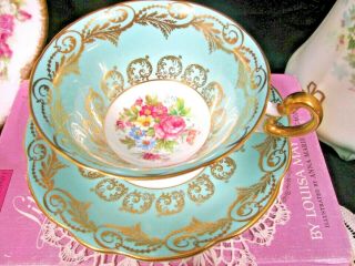 Foley Tea Cup And Saucer Floral Pink Rose Gold Gilt Teacup Baby Blue Color 1950s