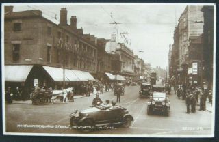 Vintage Northumberland St Newcastle On Tyne Rp Postcard Old Cars Police Tram