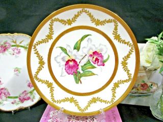 Limoges France Hand Painted Artist Signed Cabinet Plate 1900s Orchid Raised Gold