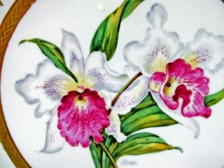 Limoges France hand painted artist signed cabinet plate 1900s Orchid raised gold 2