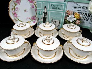 Ambassador England Tea Cup And Saucer Set Of 6 Cream Soup Teacups Rose Lid