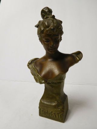 Antique Vintage Fauvette Art Nouveau Metal Bronze Brass 6.  25 Woman Bust Statue